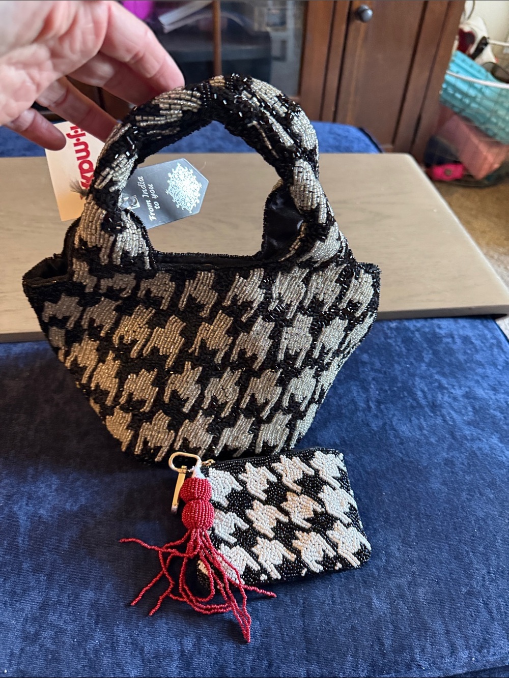 Beaded Houndstooth Mini Tote and Pouch - Black & Gold